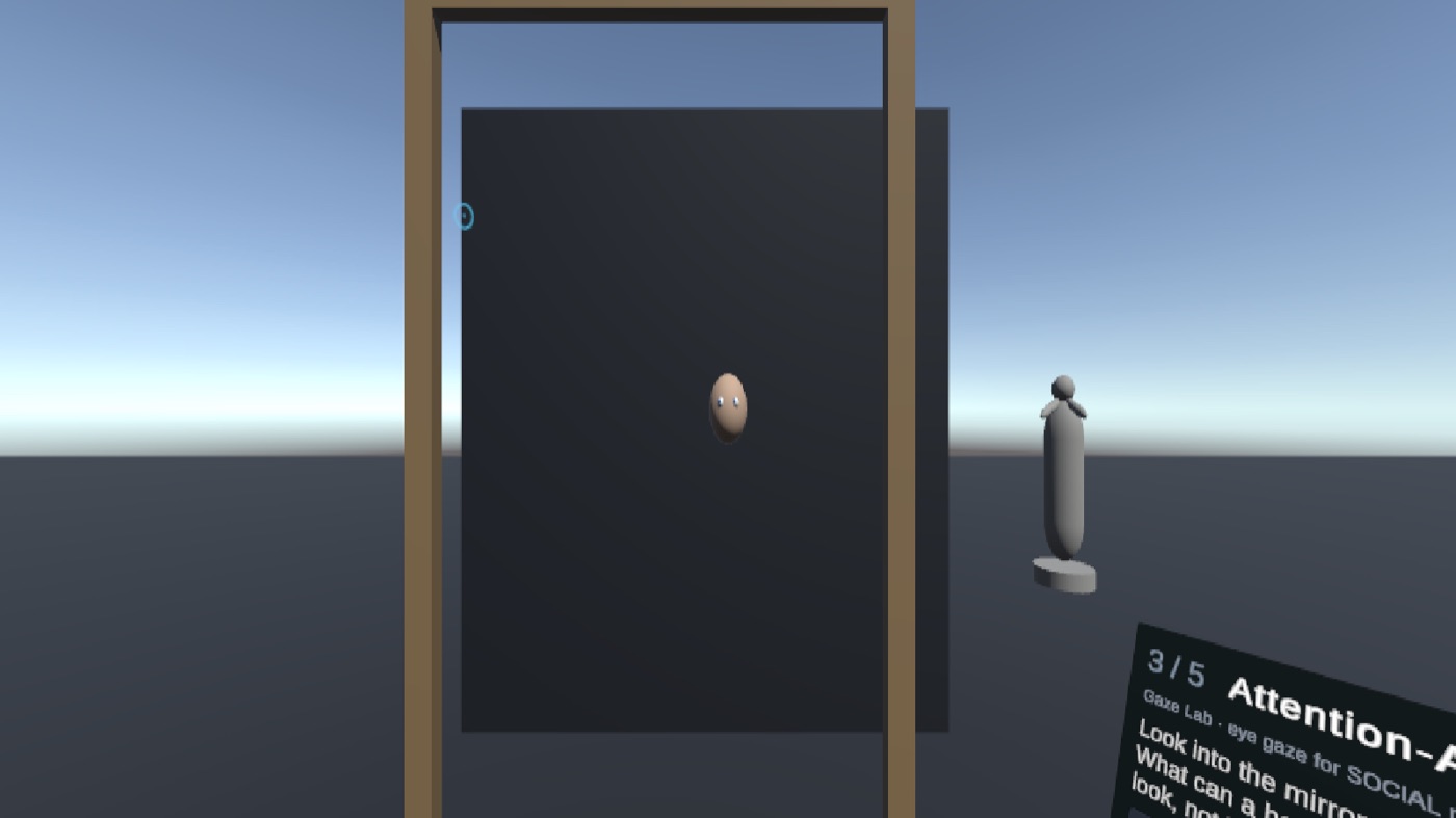 A mirror with a face whose eyes follow the user's gaze, and a statue in the background