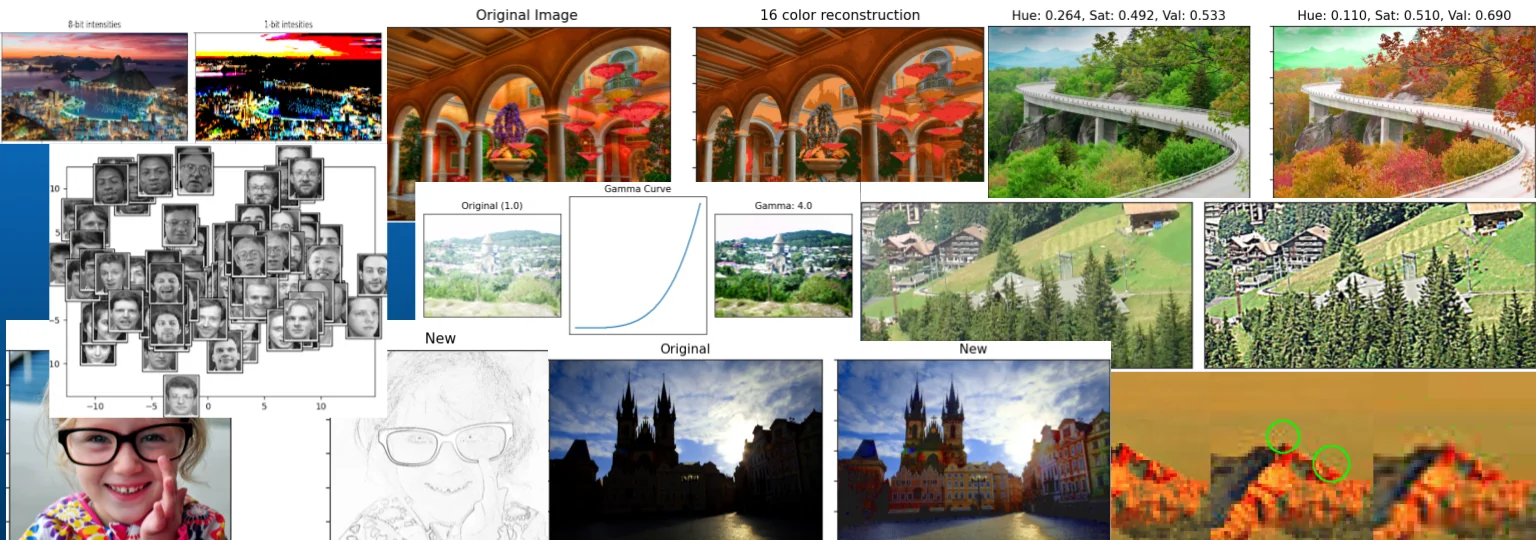 Examples from the textbook: quantization, color reconstruction, contrast enhancement, eigenfaces and edge detection